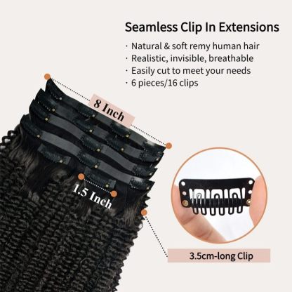 PU Clip In Hair Extensions - #1B Kinky Curly Human Hair