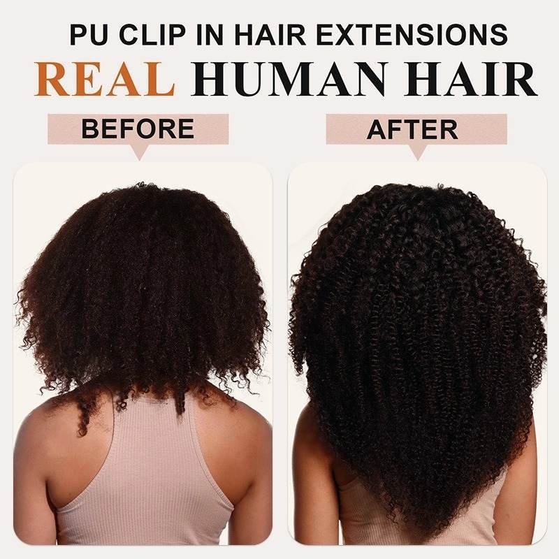 PU Clip In Hair Extensions - #1B Kinky Curly Human Hair