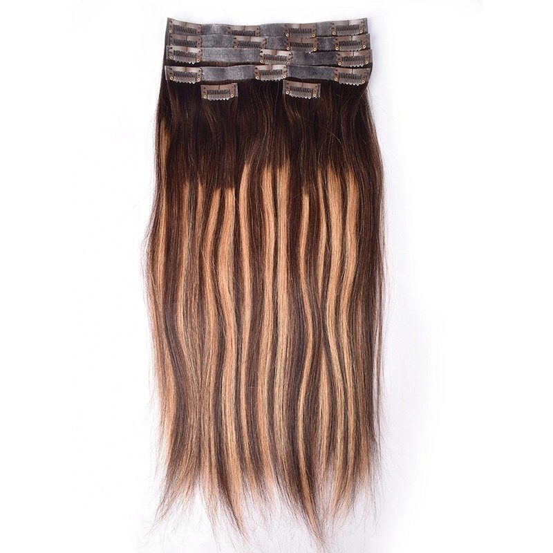 PU Clip In Hair Extensions - #T4/27/P4 Straight Human Hair