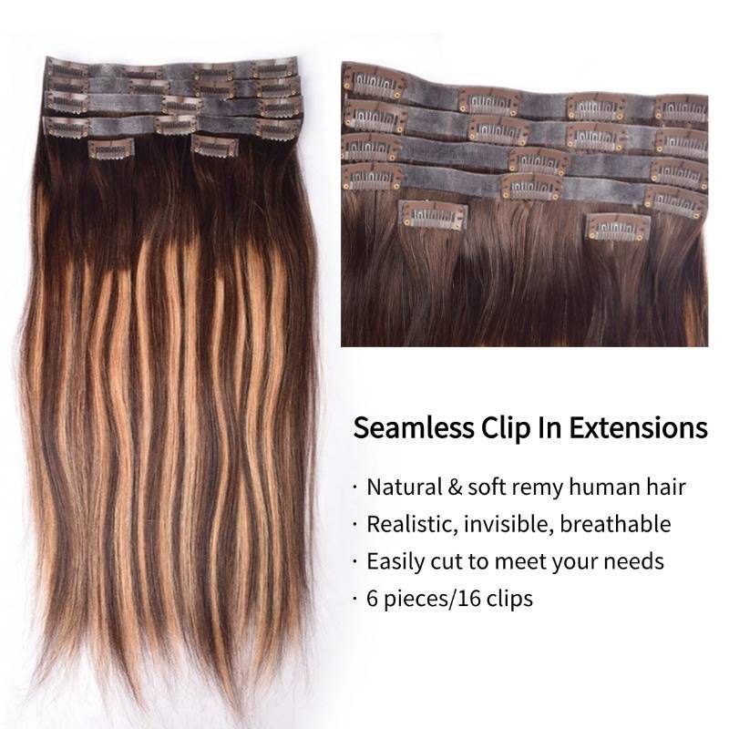 PU Clip In Hair Extensions - #T4/27/P4 Straight Human Hair