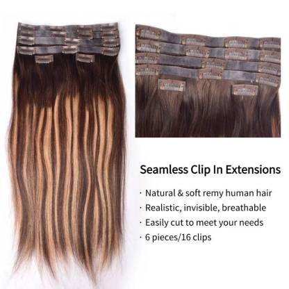 PU Clip In Hair Extensions - #T4/27/P4 Straight Human Hair