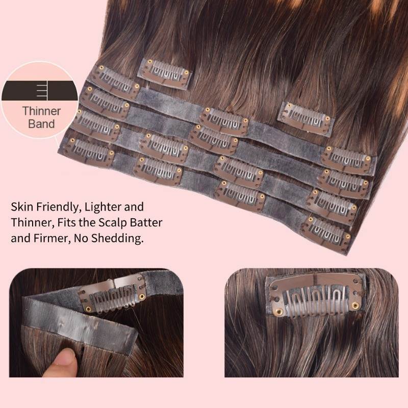 PU Clip In Hair Extensions - #T4/27/P4 Straight Human Hair