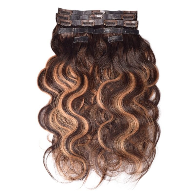 PU Clip In Hair Extensions - #T4/27/P4 Body Wave Human Hair