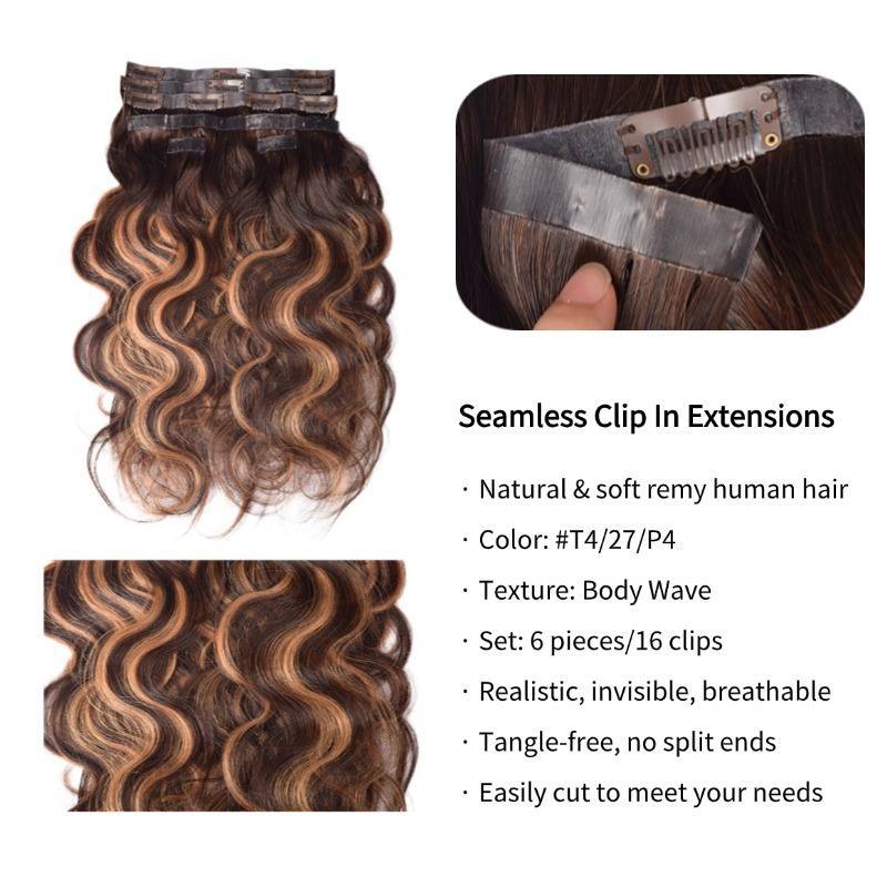 PU Clip In Hair Extensions - #T4/27/P4 Body Wave Human Hair