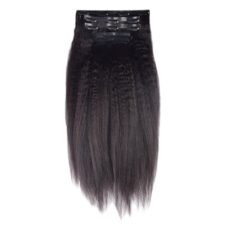 Clip In Hair Extensions - #1B Kinky Straight Human Hair(Ultra Thin Weft)