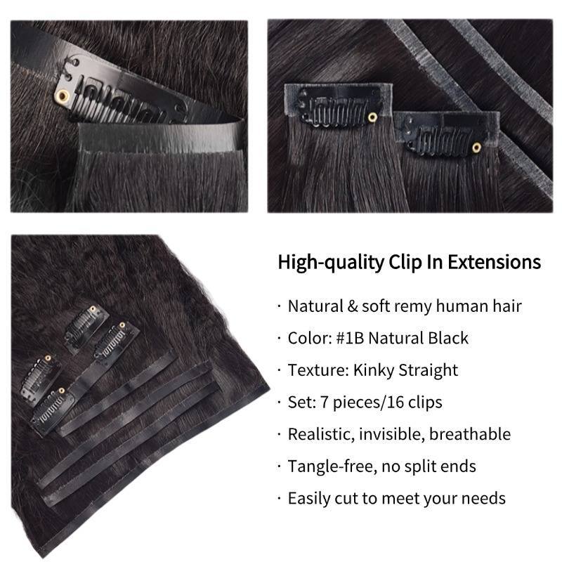 Clip In Hair Extensions - #1B Kinky Straight Human Hair(Ultra Thin Weft)