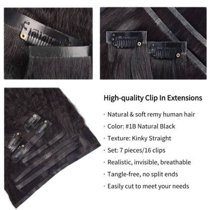 Clip In Hair Extensions - #1B Kinky Straight Human Hair(Ultra Thin Weft)