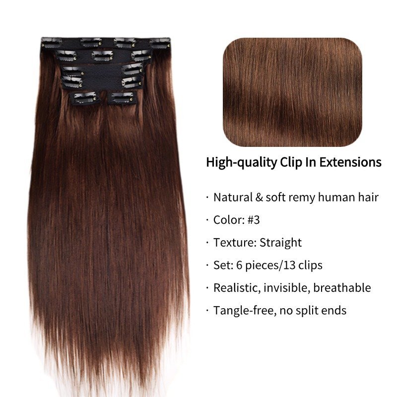 Lace Clip In Hair Extensions - #3 Straight Human Hair