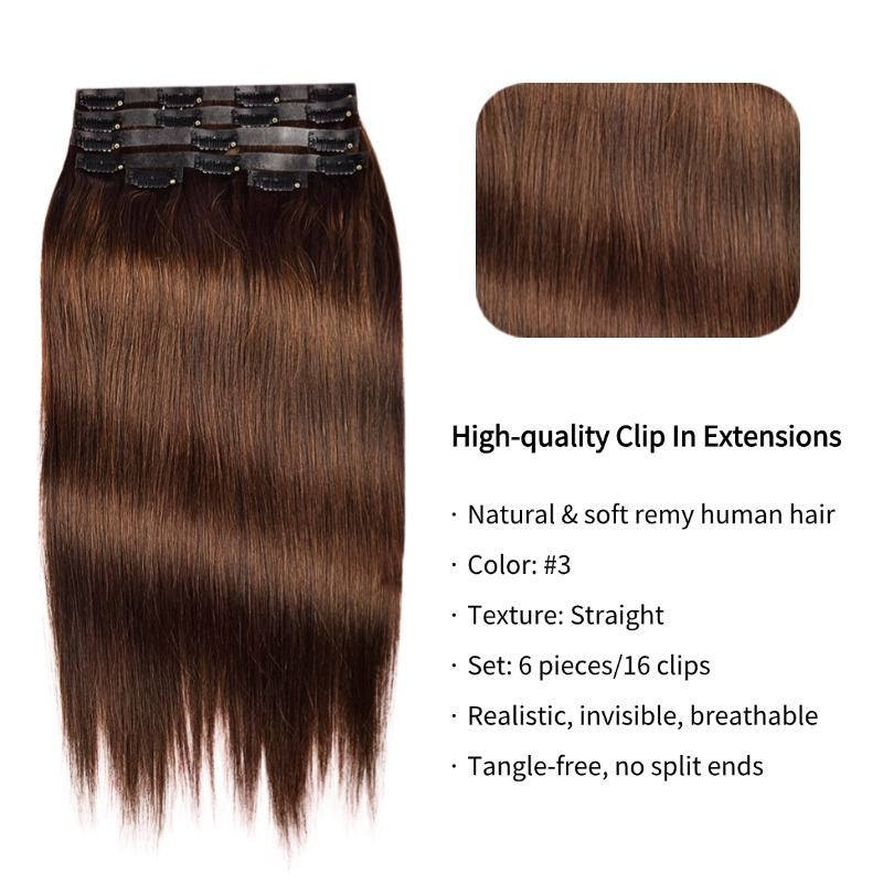 PU Clip In Hair Extensions - #3 Straight Human Hair