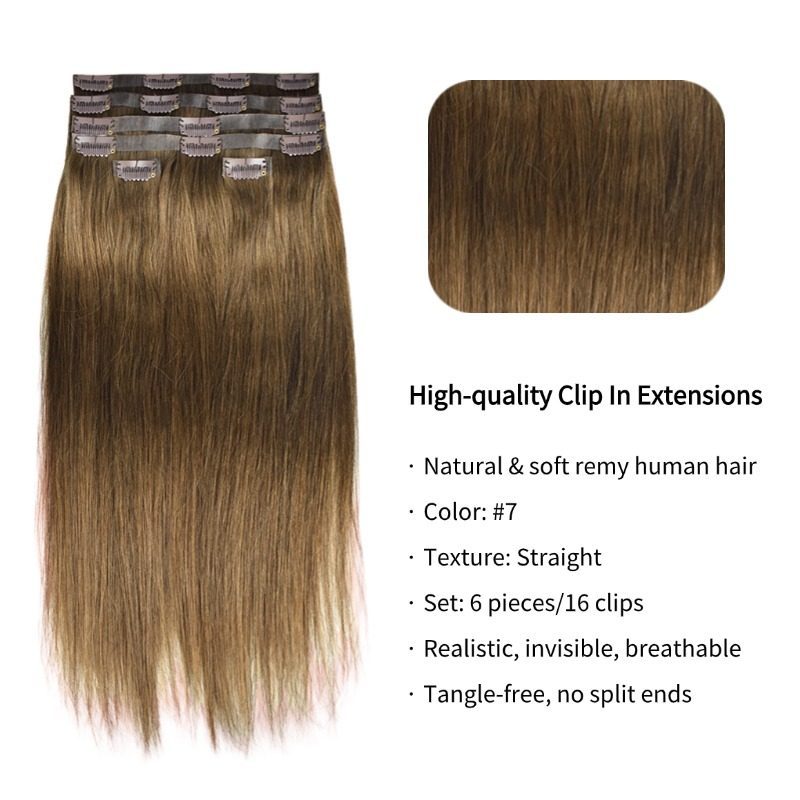 PU Clip In Hair Extensions - #7 Straight Human Hair
