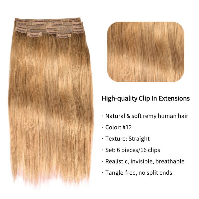 PU Clip In Hair Extensions - #12 Straight Human Hair