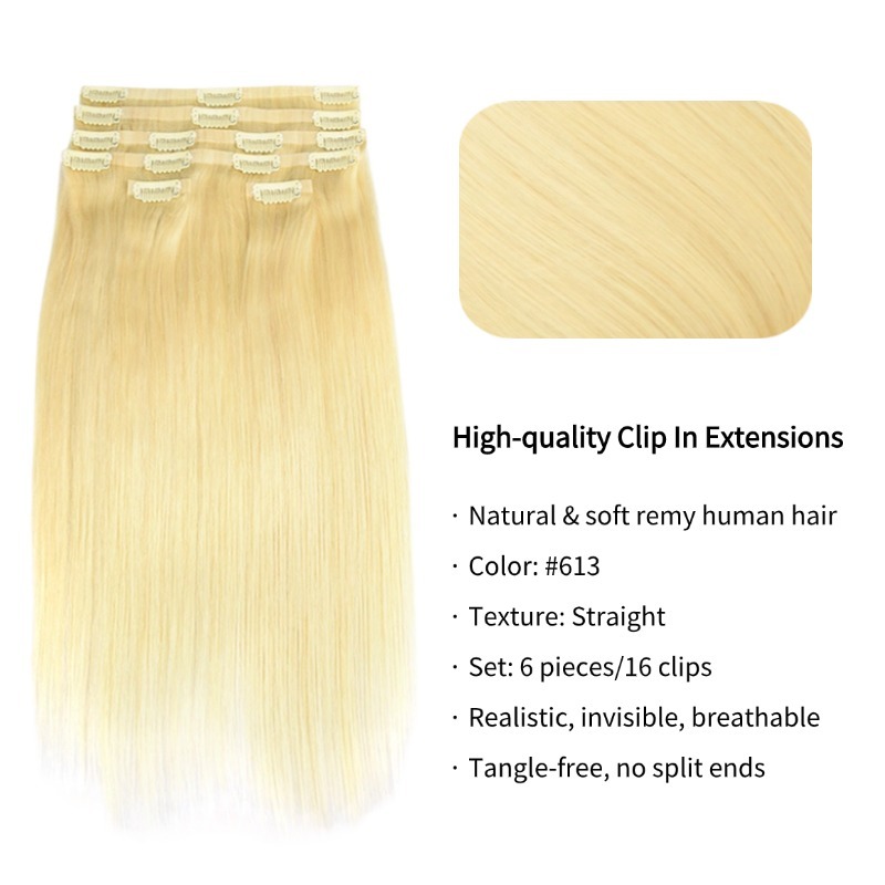 PU Clip In Hair Extensions - #613 Straight Human Hair