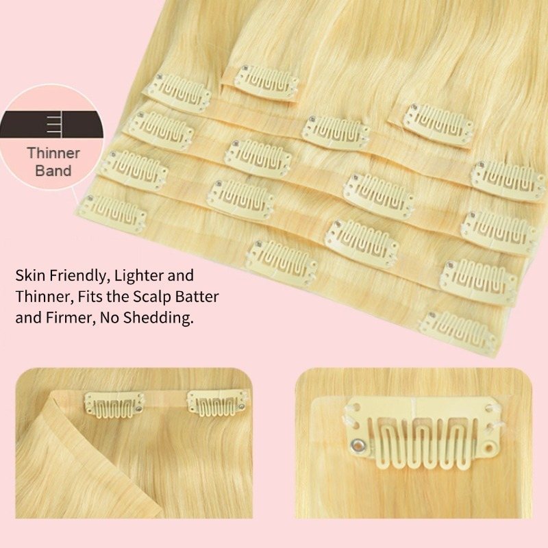 PU Clip In Hair Extensions - #613 Straight Human Hair