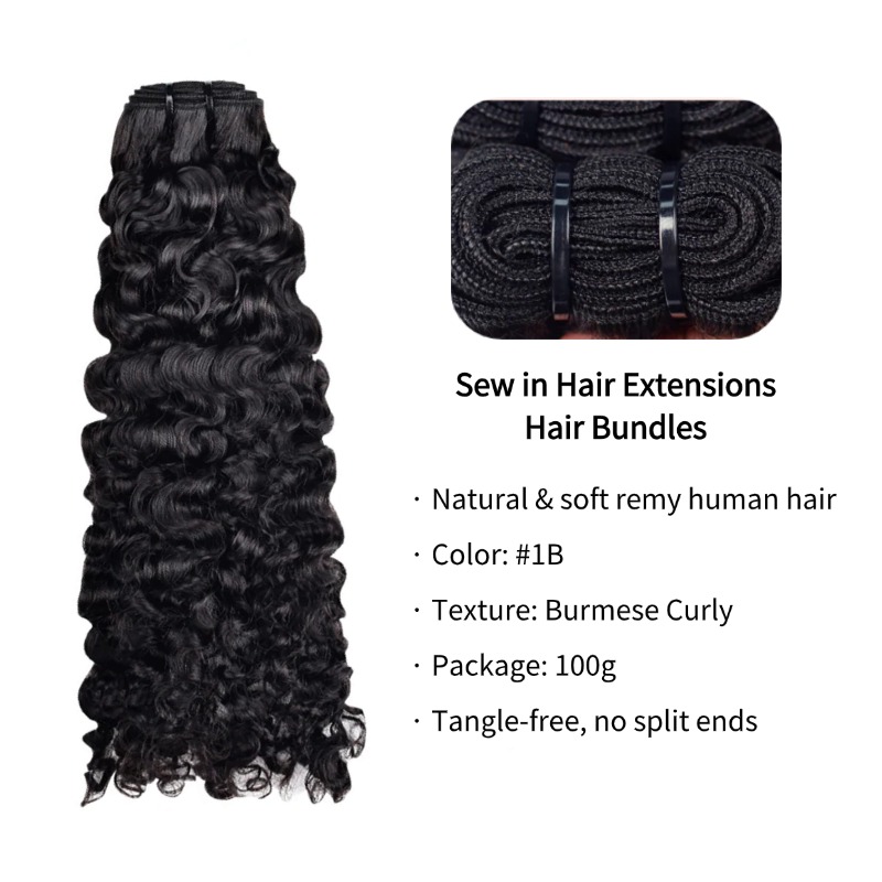 Sew In Hair Extensions - #1B Burmese Curly Human Hair Bundles