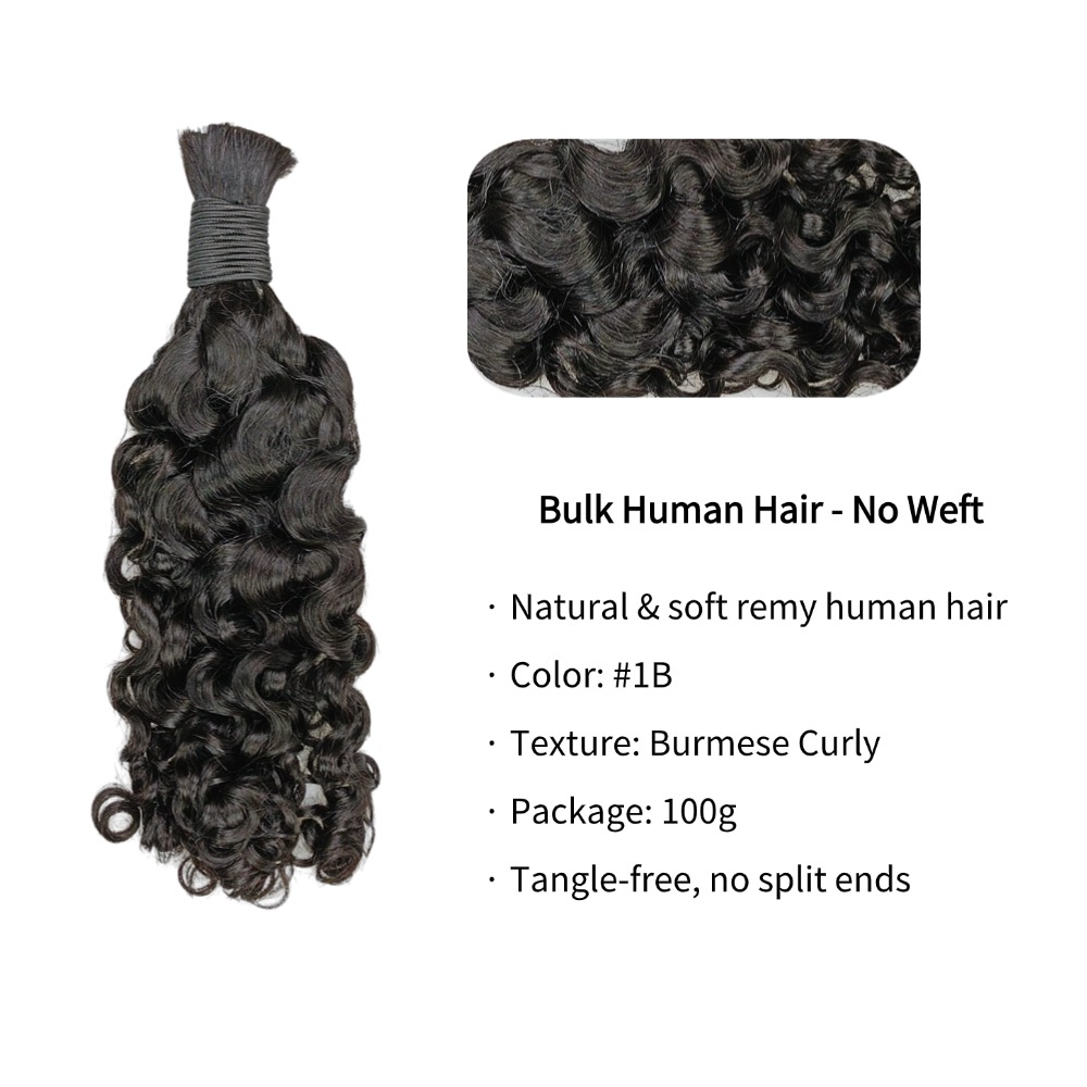 Bulk Human Hair - #1B Burmese Curly Braiding Hair
