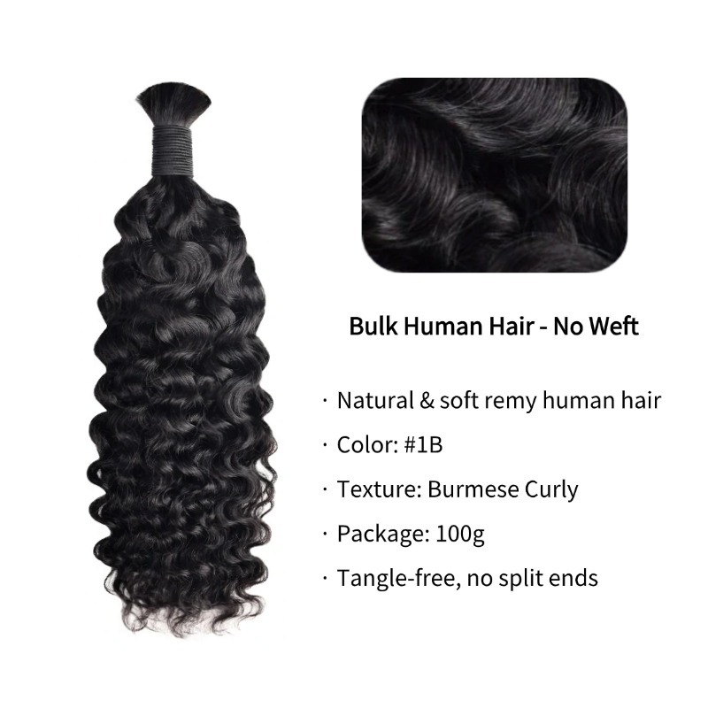 Burmese Curly Bulk Human Hair - #1B Hair Extensions