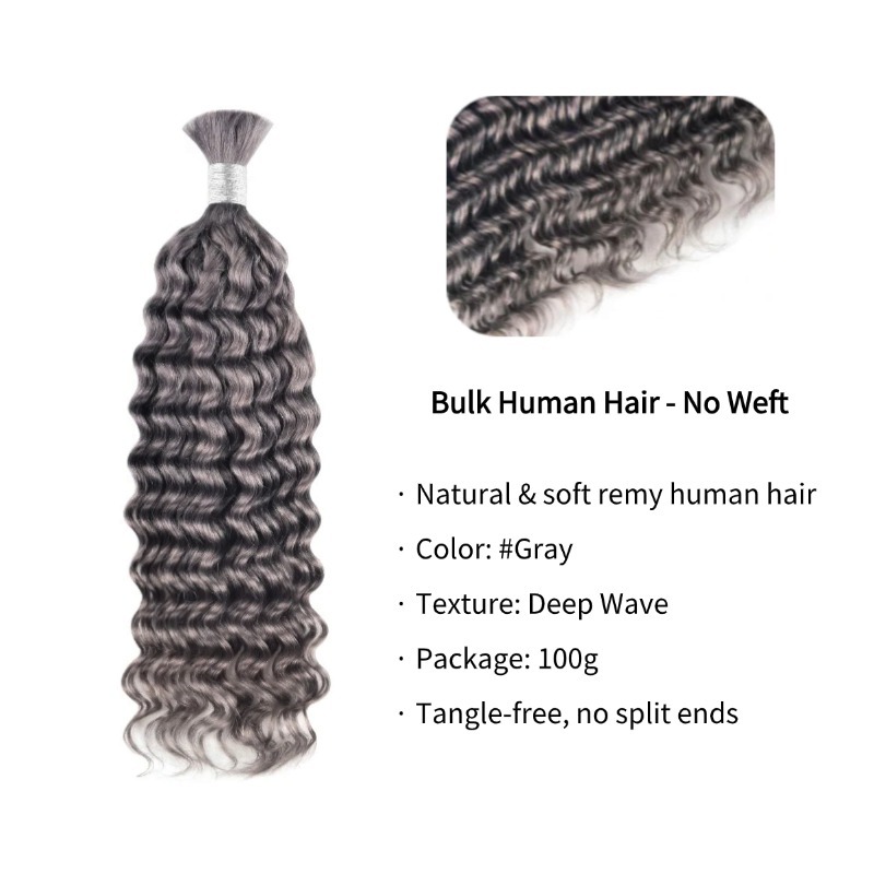 Deep Wave Bulk Human Hair - #Gray Hair Extensions