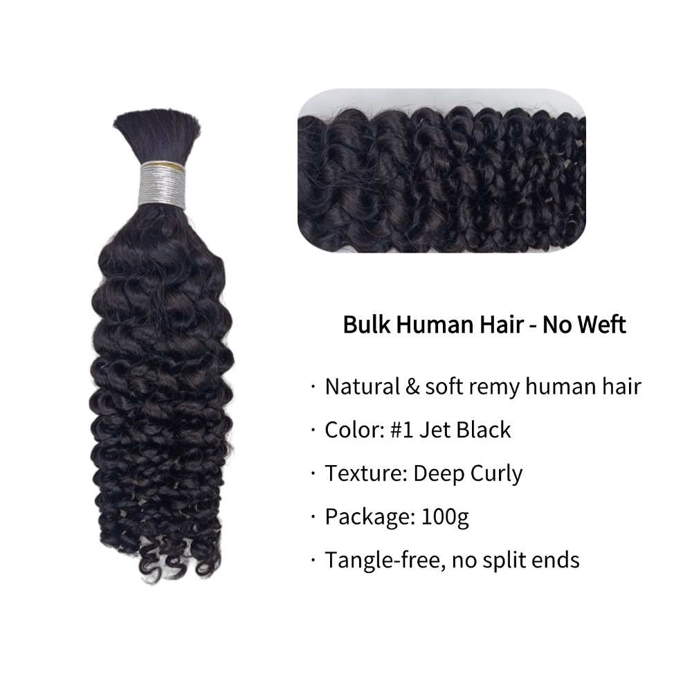 Bulk Human Hair - #1 Jet Black Deep Curly Braiding Hair