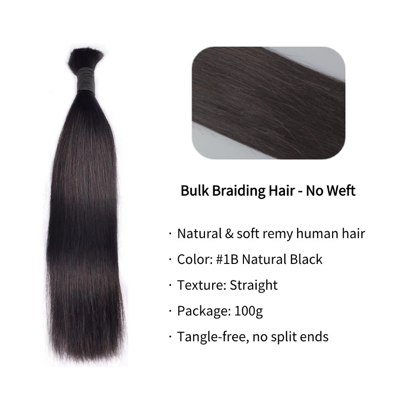 Straight Bulk Human Hair - #1B Black Braiding Hair