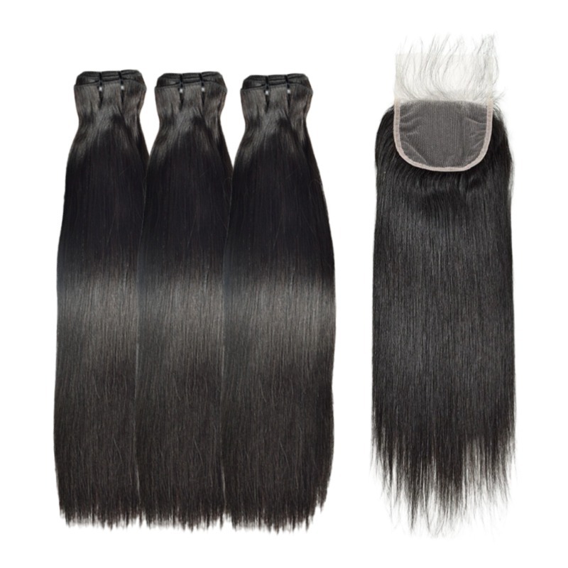 3 Human Hair Bundles With Closure - #1B Straight
