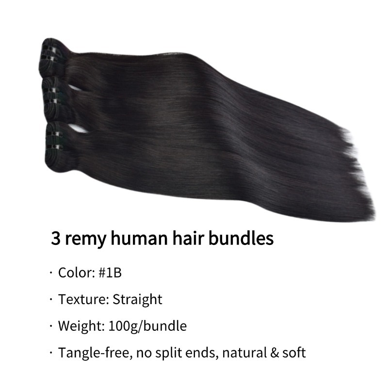 3 Human Hair Bundles With Closure - #1B Straight