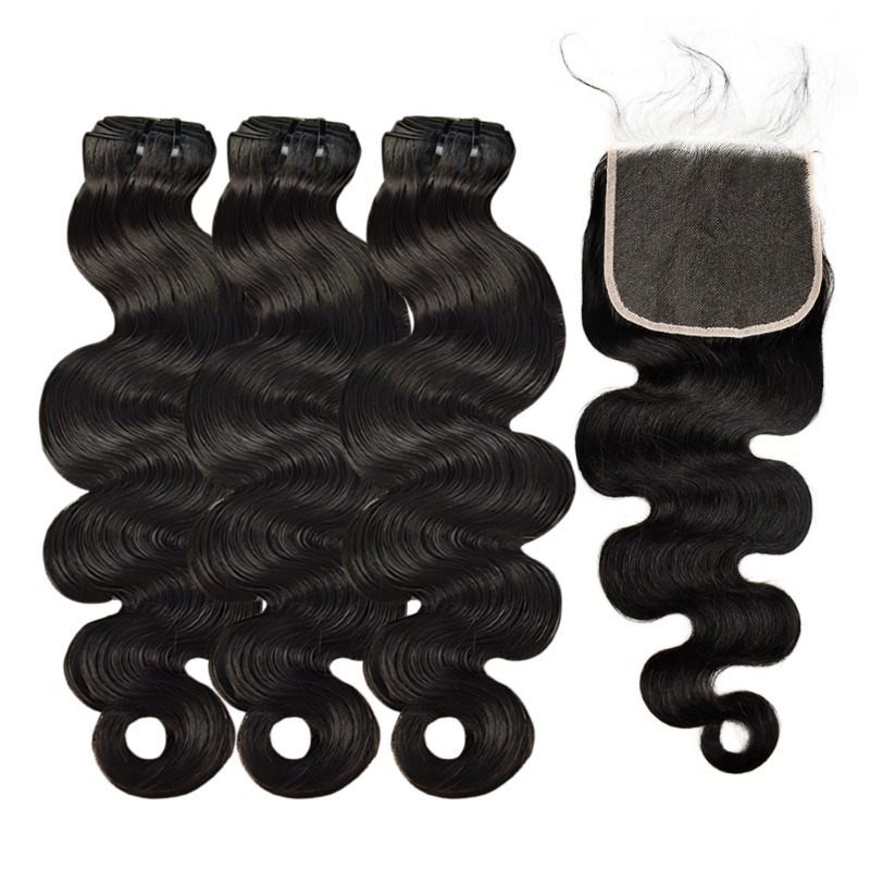 3 Human Hair Bundles With Closure - #1B Body Wave
