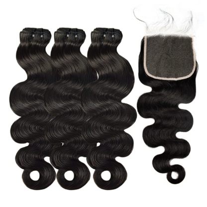 3 Human Hair Bundles With Closure - #1B Body Wave