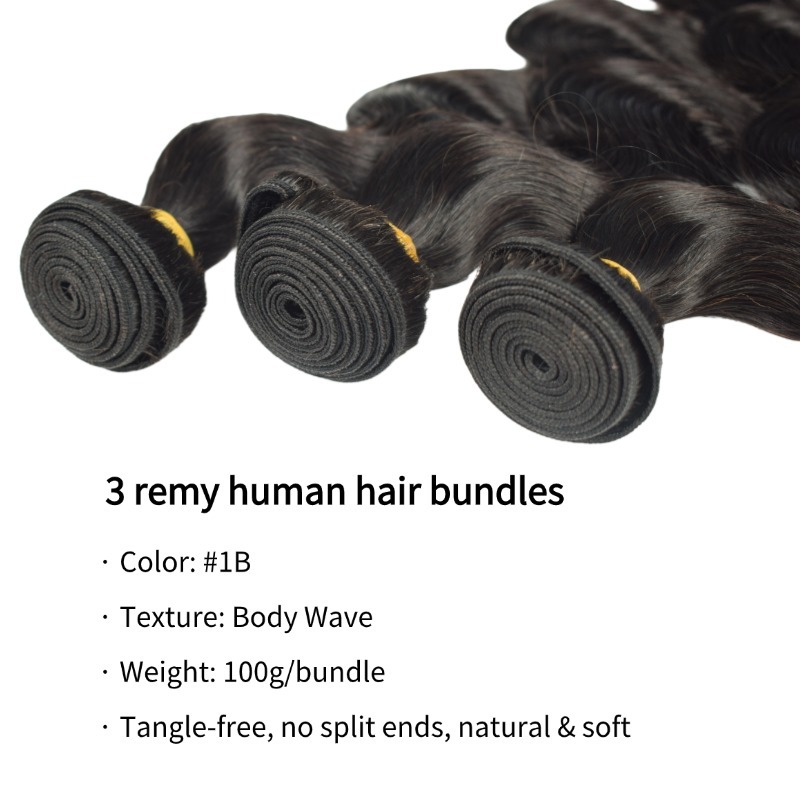 3 Human Hair Bundles With Closure - #1B Body Wave