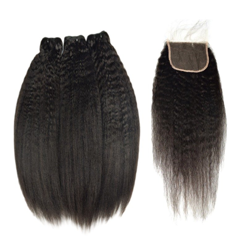 3 Human Hair Bundles With Closure - #1B Kinky Straight