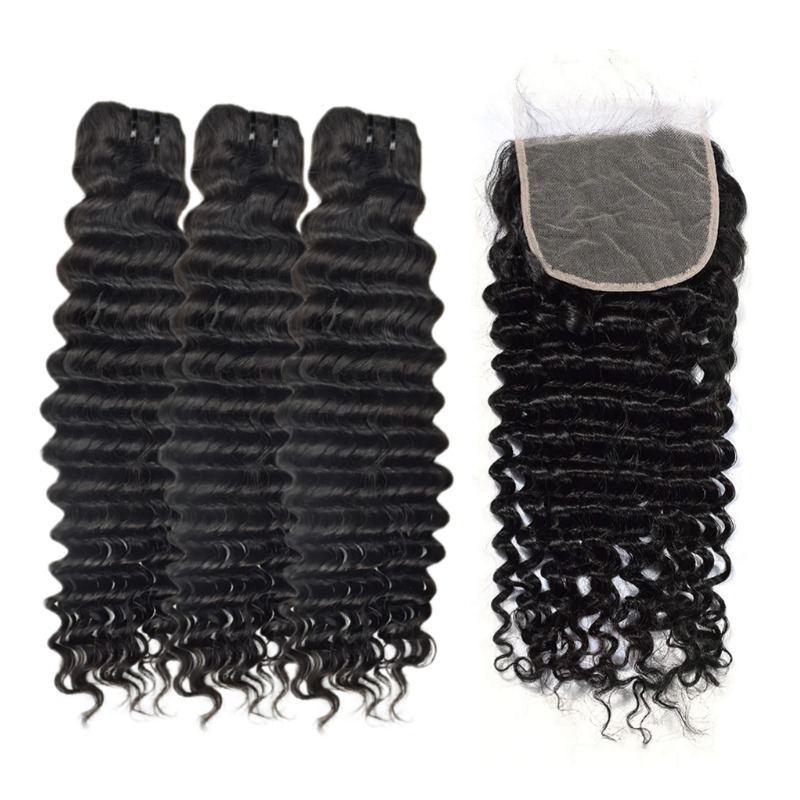 3 Human Hair Bundles With Closure - #1B Deep Wave