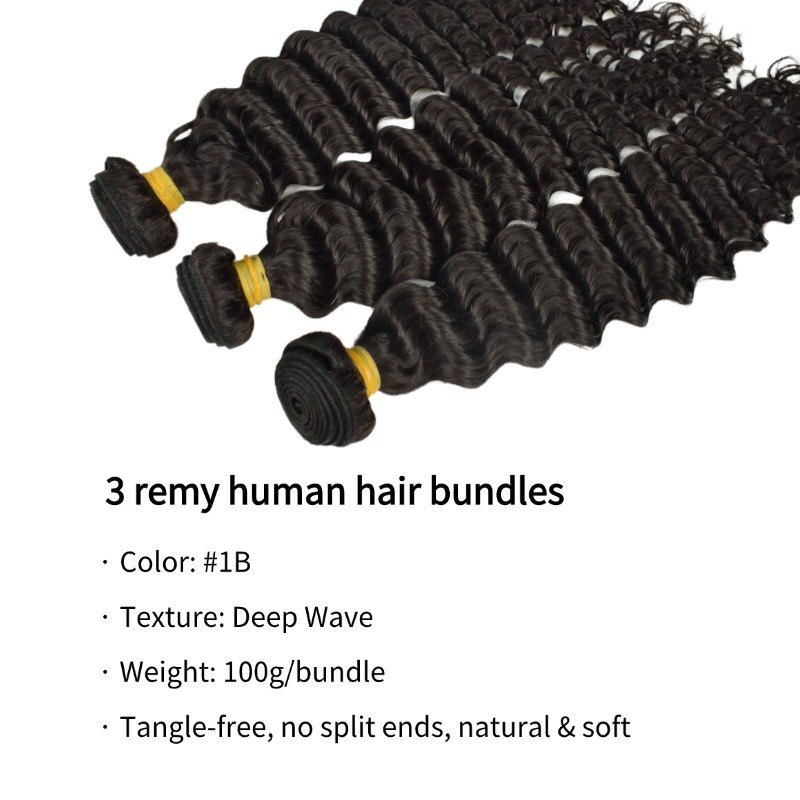 3 Human Hair Bundles With Closure - #1B Deep Wave