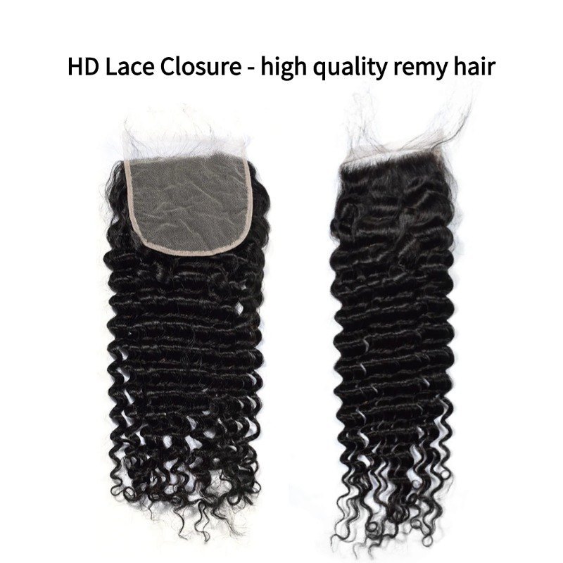 3 Human Hair Bundles With Closure - #1B Deep Wave