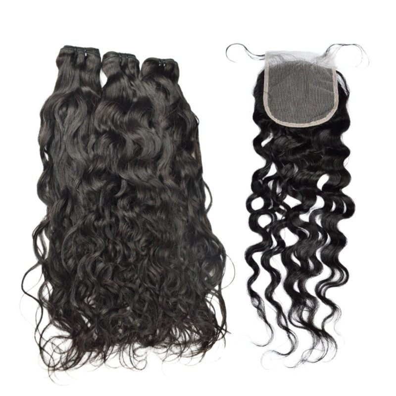 3 Human Hair Bundles With Closure - #1B Water Wave