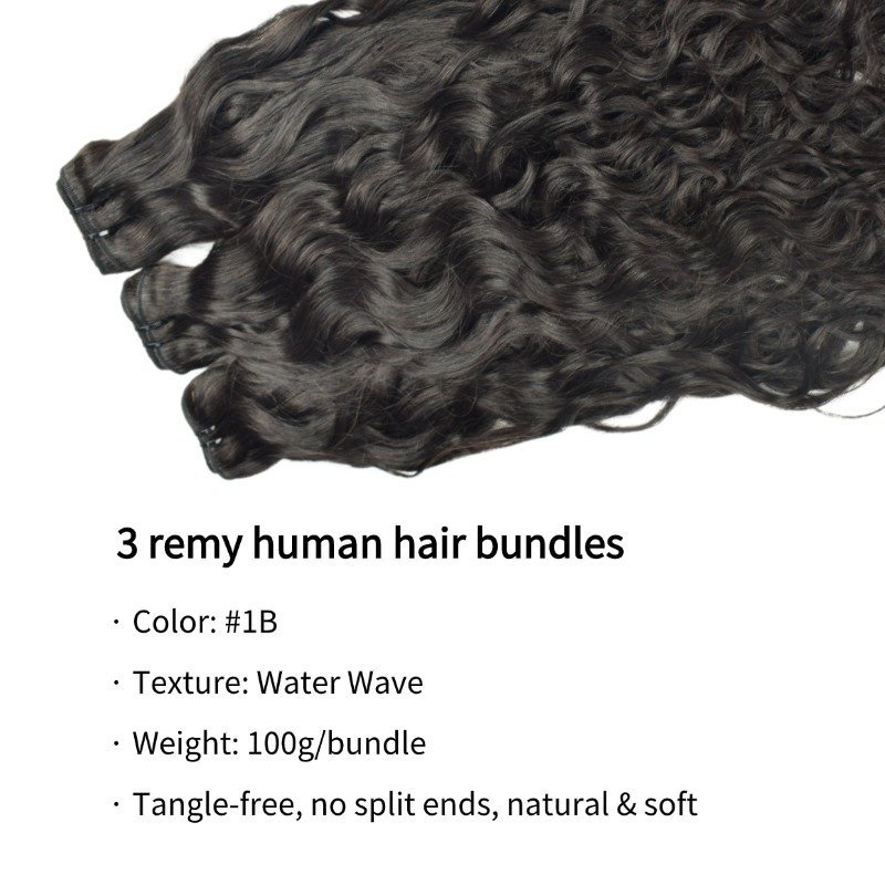 3 Human Hair Bundles With Closure - #1B Water Wave