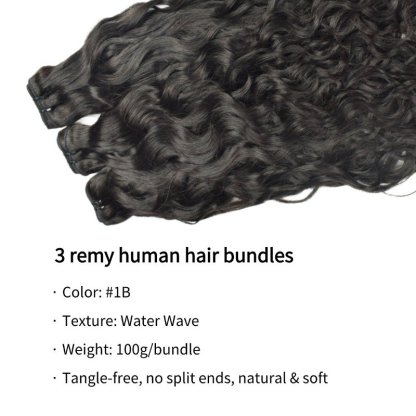 3 Human Hair Bundles With Closure - #1B Water Wave