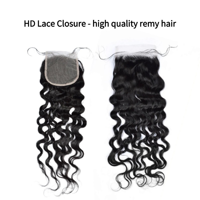 3 Human Hair Bundles With Closure - #1B Water Wave