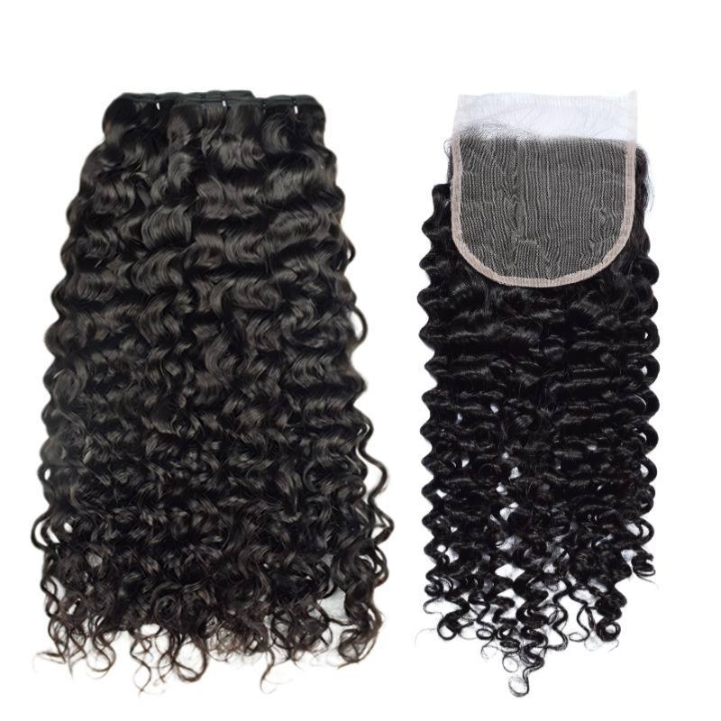 3 Human Hair Bundles With Closure - #1B Deep Curly