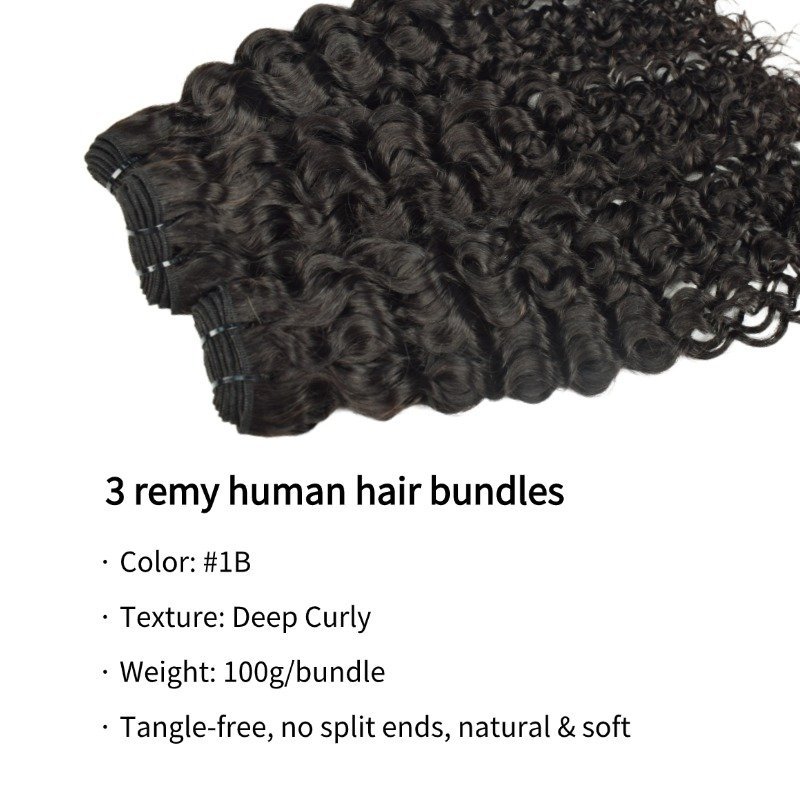 3 Human Hair Bundles With Closure - #1B Deep Curly