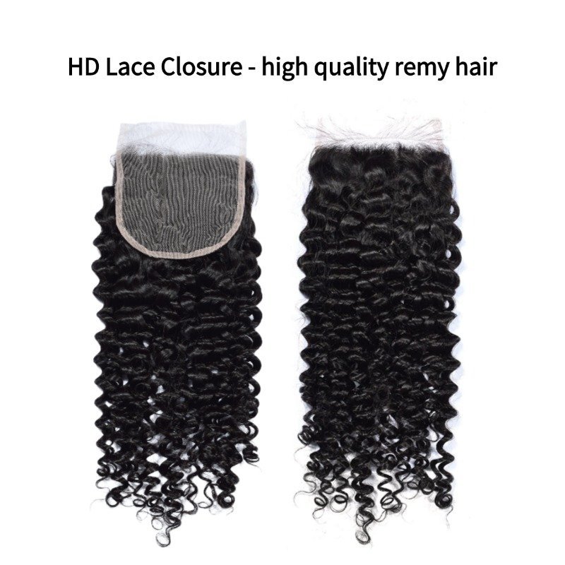 3 Human Hair Bundles With Closure - #1B Deep Curly
