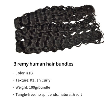 3 Human Hair Bundles With Closure - #1B Italian Curly