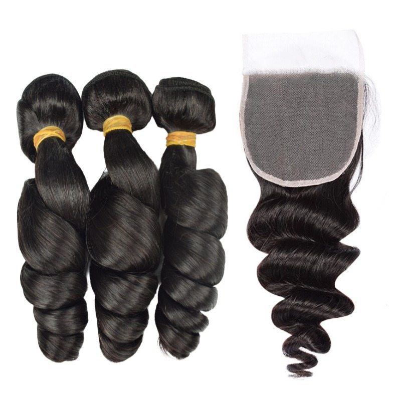 3 Human Hair Bundles With Closure - #1B Loose Wave