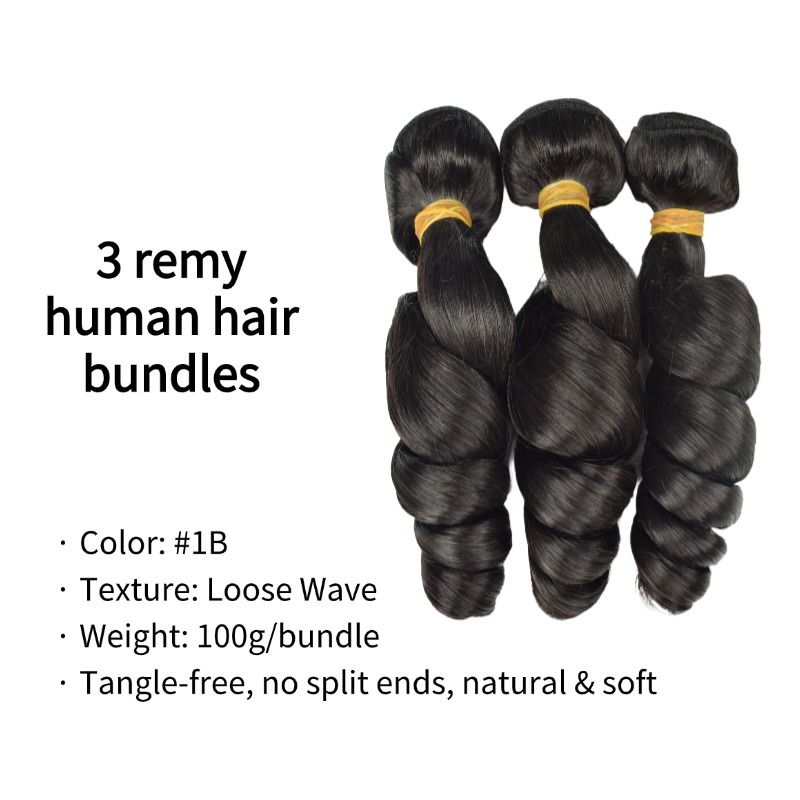 3 Human Hair Bundles With Closure - #1B Loose Wave