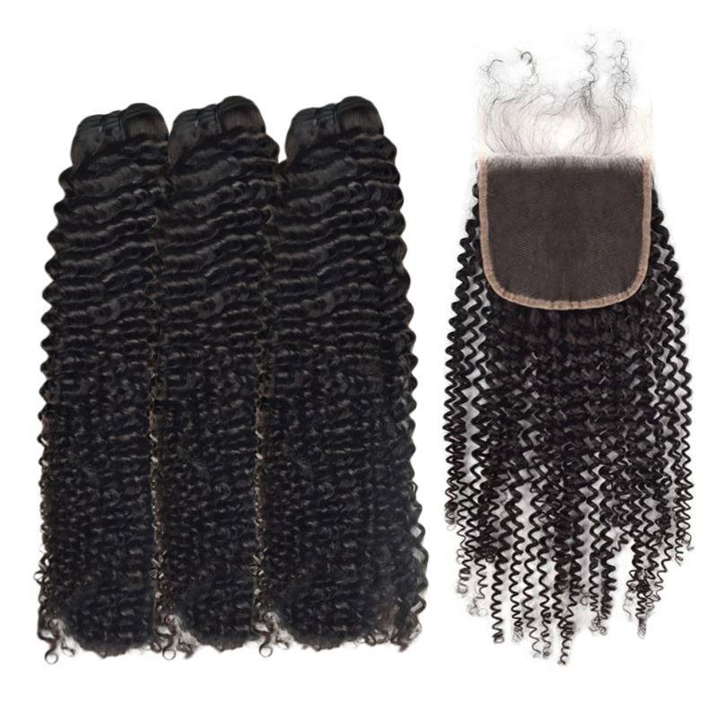 3 Human Hair Bundles With Closure - #1B Kinky Curly