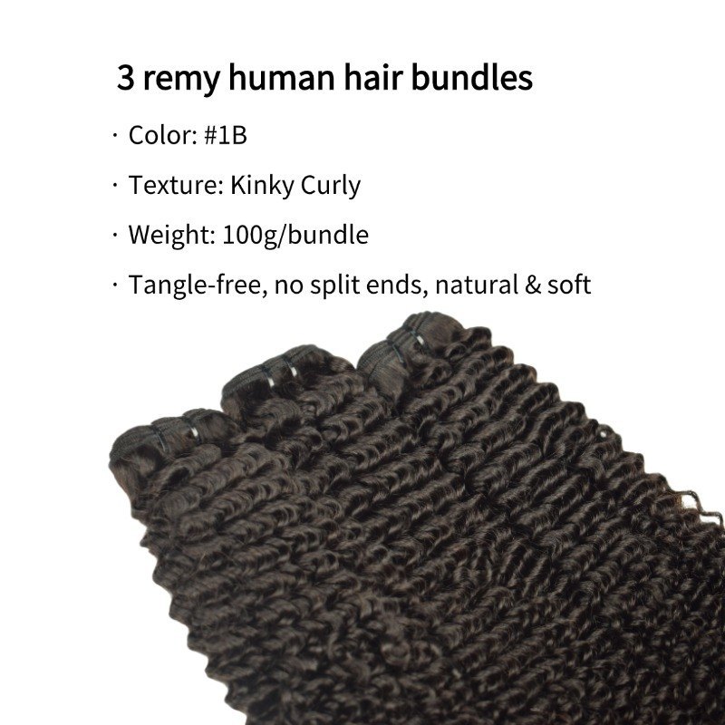3 Human Hair Bundles With Closure - #1B Kinky Curly