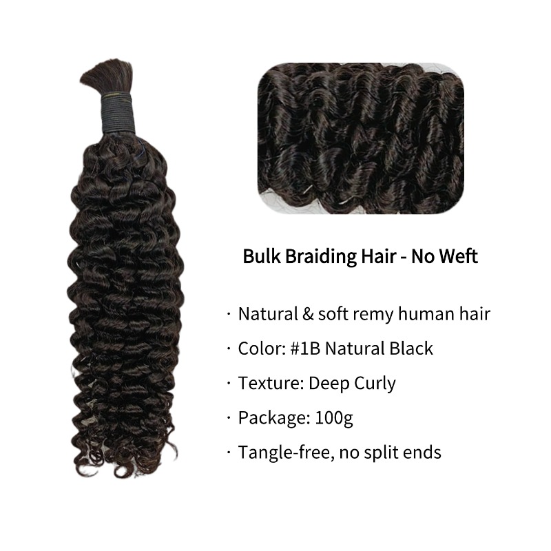 Deep Curly Bulk Human Hair - #1B Black Braiding Hair