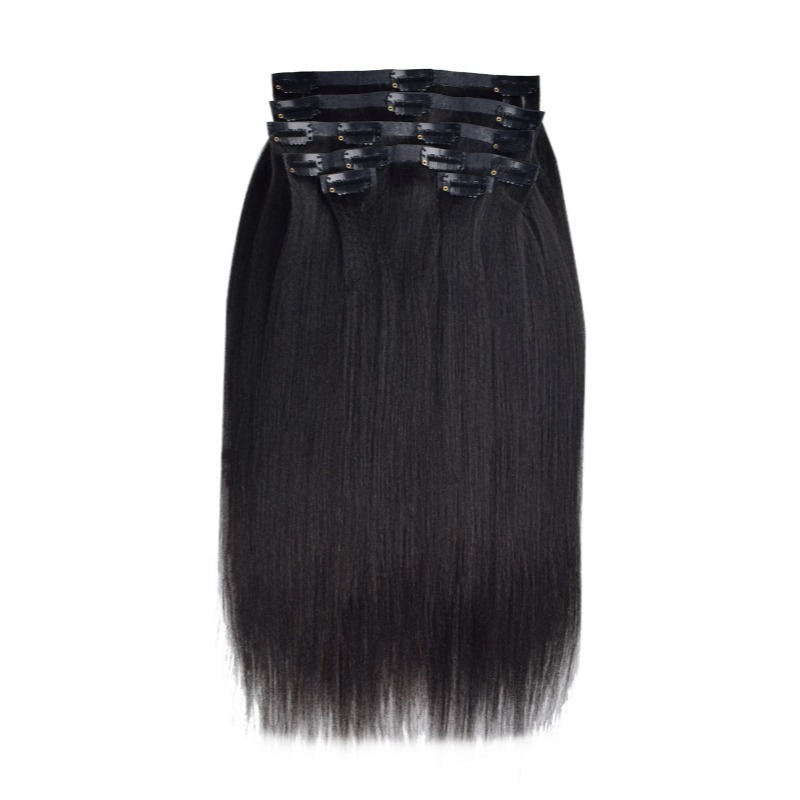 PU Clip In Hair Extensions - #1B Yaki Straight Human Hair
