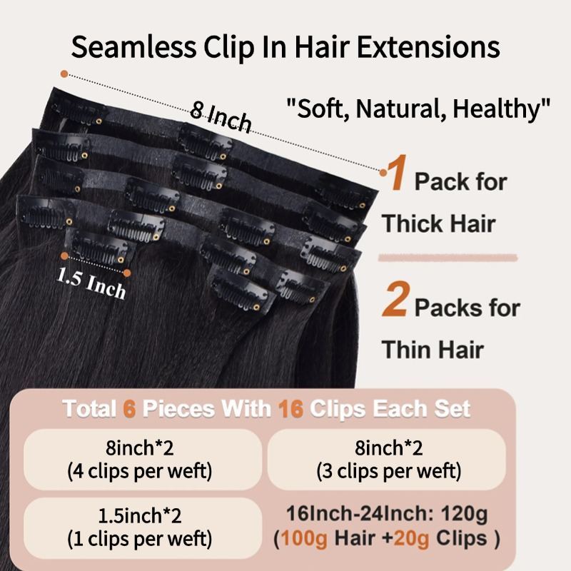 PU Clip In Hair Extensions - #1B Yaki Straight Human Hair