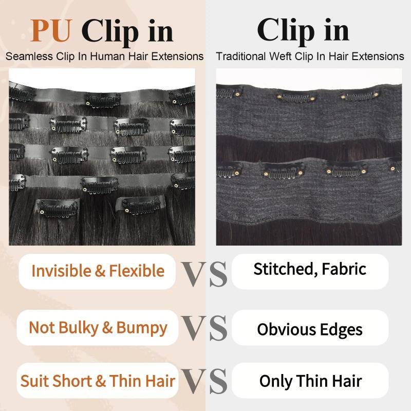 PU Clip In Hair Extensions - #1B Yaki Straight Human Hair