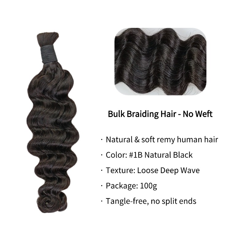 Loose Deep Wave Bulk Human Hair - #1B Braiding Hair