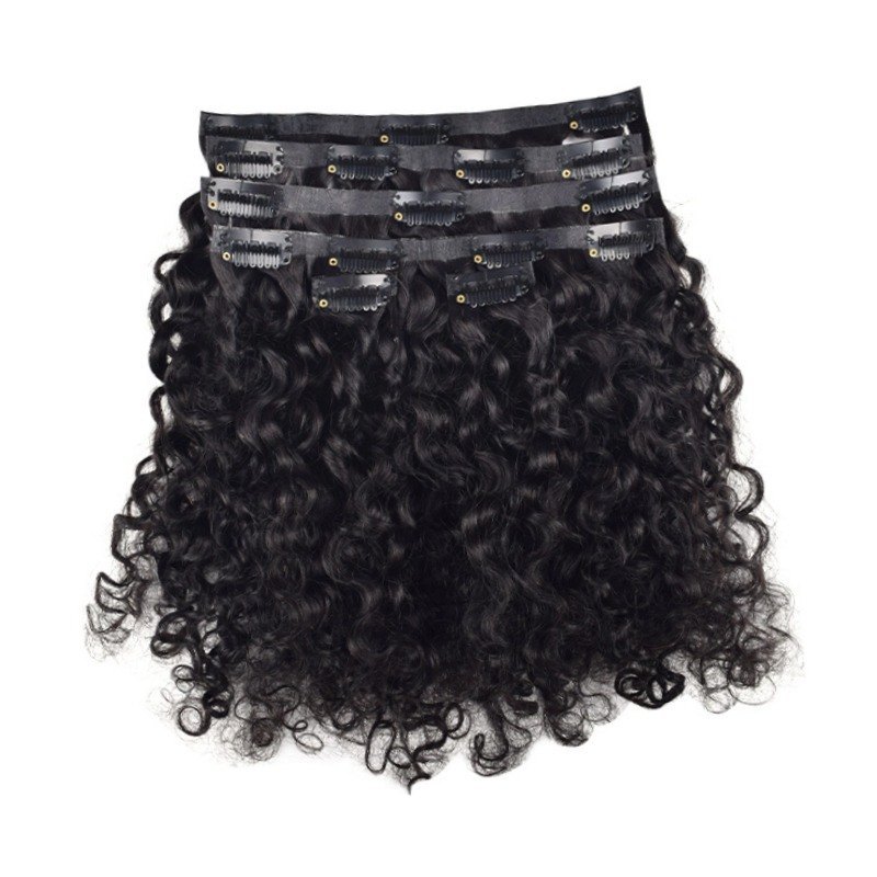 PU Clip In Hair Extensions - #1B Burmese Curly Human Hair